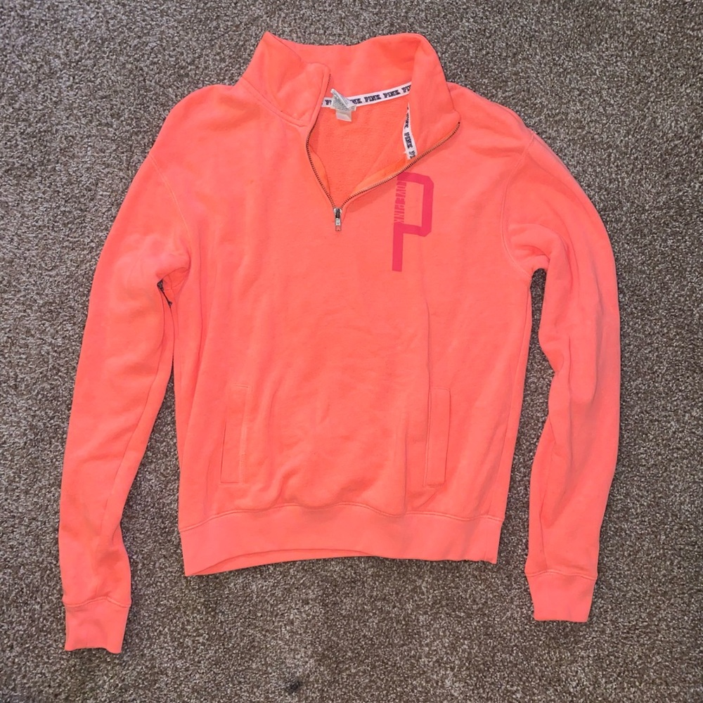 Pink quarter zip sweater with pockets. Coral, size xs.